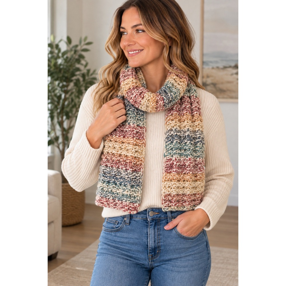 Handmade Multi Color Chunky Crochet Ribbed Scarf Variegated Earth Tones 80 Inch